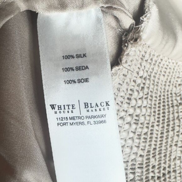 White House Black Market Beige Embellished Long Sleeve Keyhole silk Blouse Sz 6 - Picture 10 of 12